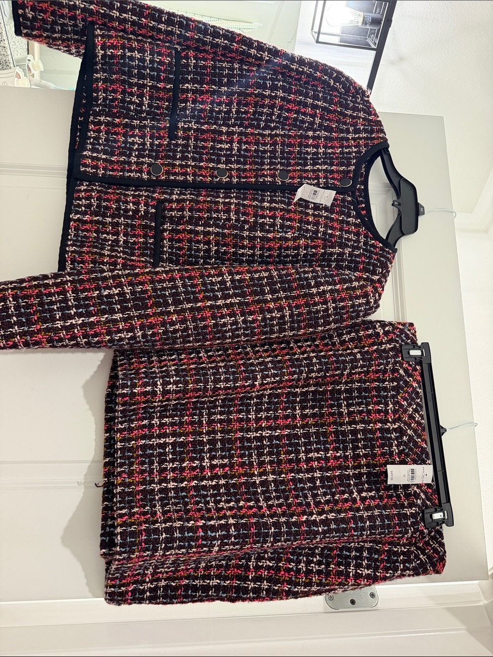 Ann Taylor Black Tweed Jacket and Skirt Set with Red and Cream Plaid